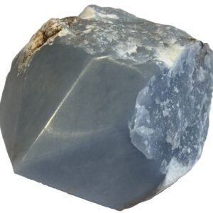 Natural rough angelite freeform with polished point 4 sians emporium Natural rough angelite freeform crystal with unpolished sides and a smooth polished blue point standing on a white background